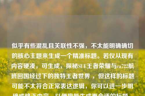似乎有些混乱且关联性不强，不太能明确确切的核心主题来生成一个精准标题。若仅从现有内容硬凑，可生成，探秘SUE王者荣耀与ca722航班回国经过下的独特王者世界 ，但这样的标题可能不太符合正常表达逻辑，你可以进一步明确或修正内容，以便我能生成更合适的标题 。