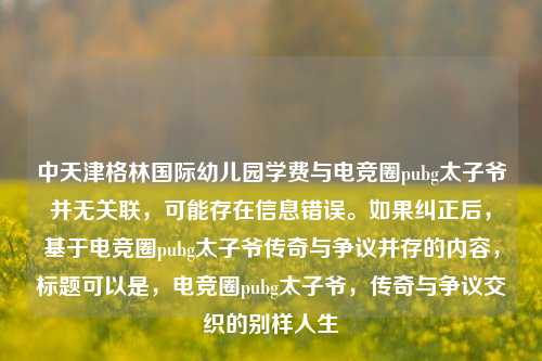 中天津格林国际幼儿园学费与电竞圈pubg太子爷并无关联，可能存在信息错误。如果纠正后，基于电竞圈pubg太子爷传奇与争议并存的内容，标题可以是，电竞圈pubg太子爷，传奇与争议交织的别样人生