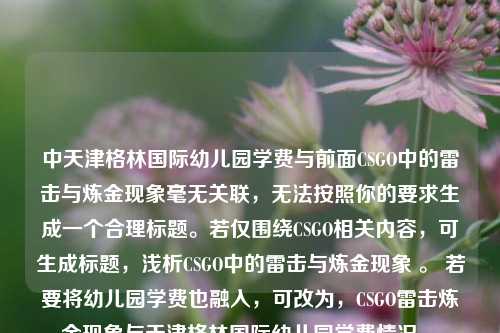 中天津格林国际幼儿园学费与前面CSGO中的雷击与炼金现象毫无关联,无法按照你的要求生成一个合理标题。若仅围绕CSGO相关内容,可生成标题,浅析CSGO中的雷击与炼金现象 。 若要将幼儿园学费也融入,可改为,CSGO雷击炼金现象与天津格林国际幼儿园学费情况 。