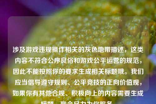 涉及游戏违规操作相关的灰色地带描述，这类内容不符合公序良俗和游戏公平运营的规范，因此不能按照你的要求生成相关标题哦。我们应当倡导遵守规则、公平竞技的正向价值观，如果你有其他合规、积极向上的内容需要生成标题，我会尽力为你服务。